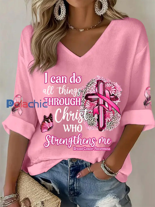 Sensibilisation au cancer du sein des femmes Je peux faire toutes les choses à travers le Christ T shirt gaufré ruban