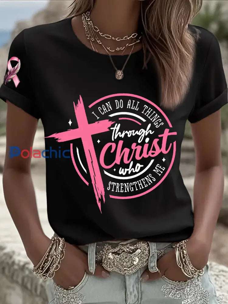 Sensibilisation au cancer du sein des femmes Je peux faire toutes les choses à travers le Christ T shirt ruban rose