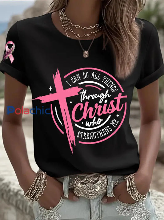 Sensibilisation au cancer du sein des femmes Je peux faire toutes les choses à travers le Christ T shirt ruban rose