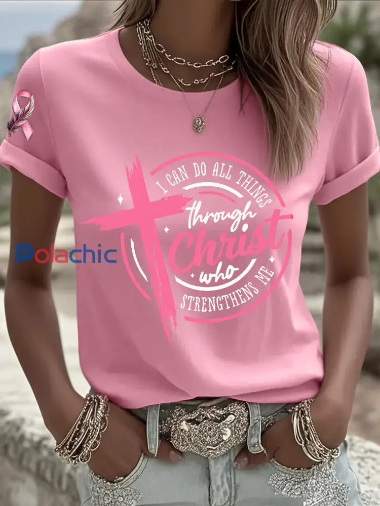 Sensibilisation au cancer du sein des femmes Je peux faire toutes les choses à travers le Christ T shirt ruban rose