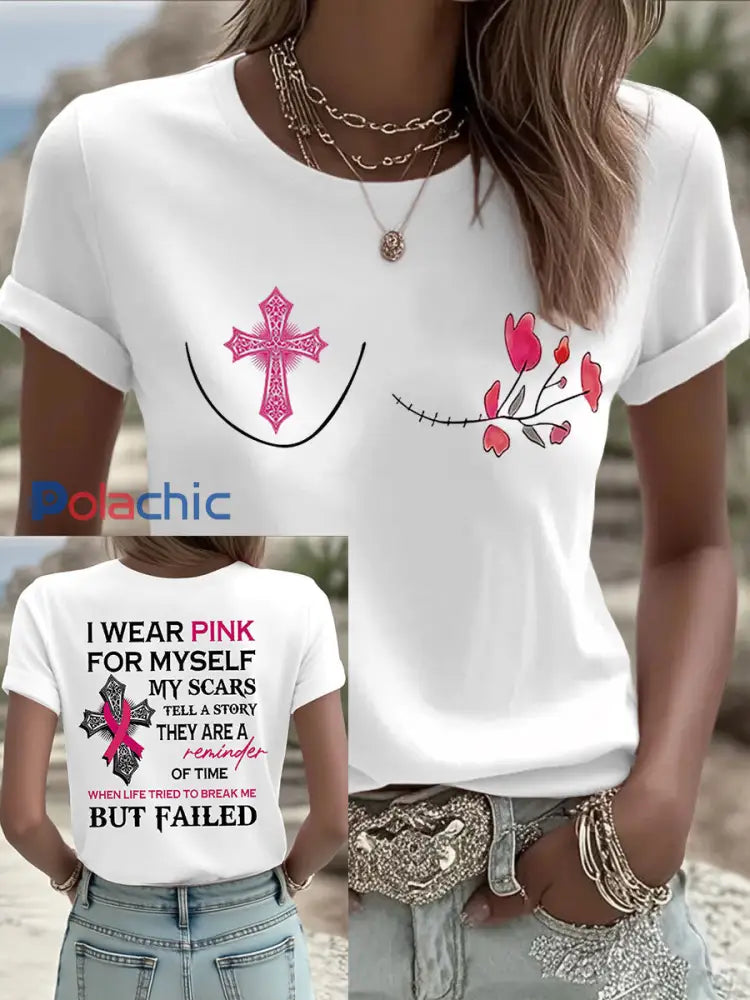 Sensibilisation au cancer du sein des femmes je porte rose pour moi même Imprimer T shirt décontracté Blanc / S