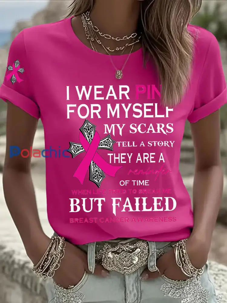 Sensibilisation au cancer du sein des femmes je porte rose pour moi même Imprimer T shirt décontracté Rose Rouge / S