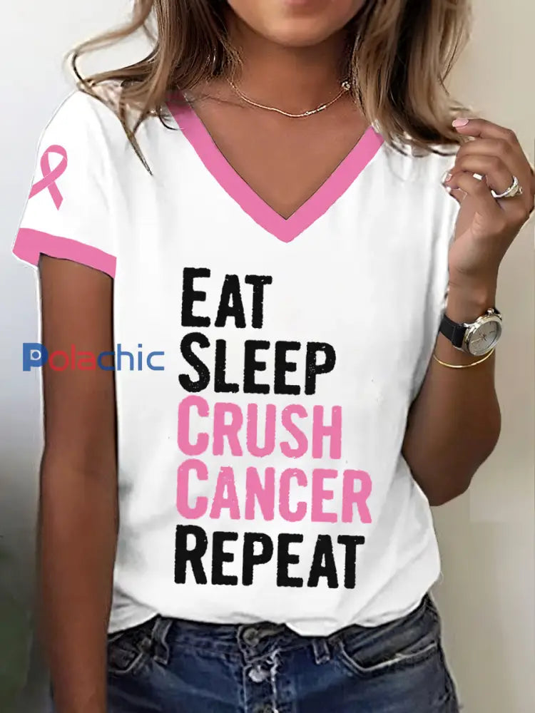 Sensibilisation au cancer du sein des femmes Mangez sommeil Crush Cancer Répéter T-shirt Blanc / S