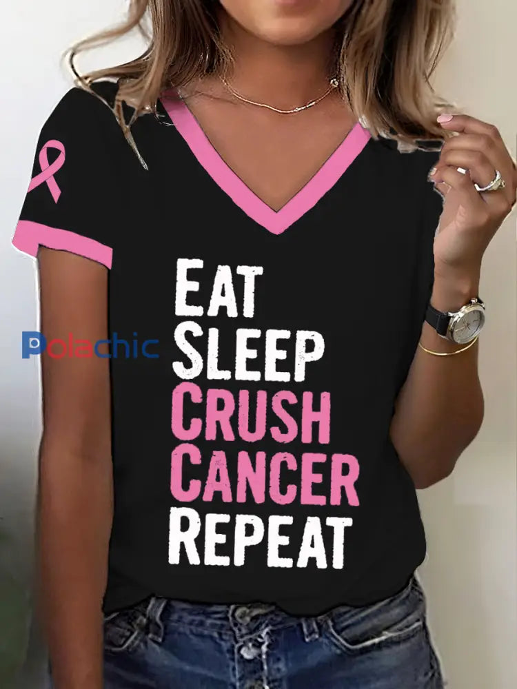 Sensibilisation au cancer du sein des femmes Mangez sommeil Crush Cancer Répéter T-shirt Noir / S