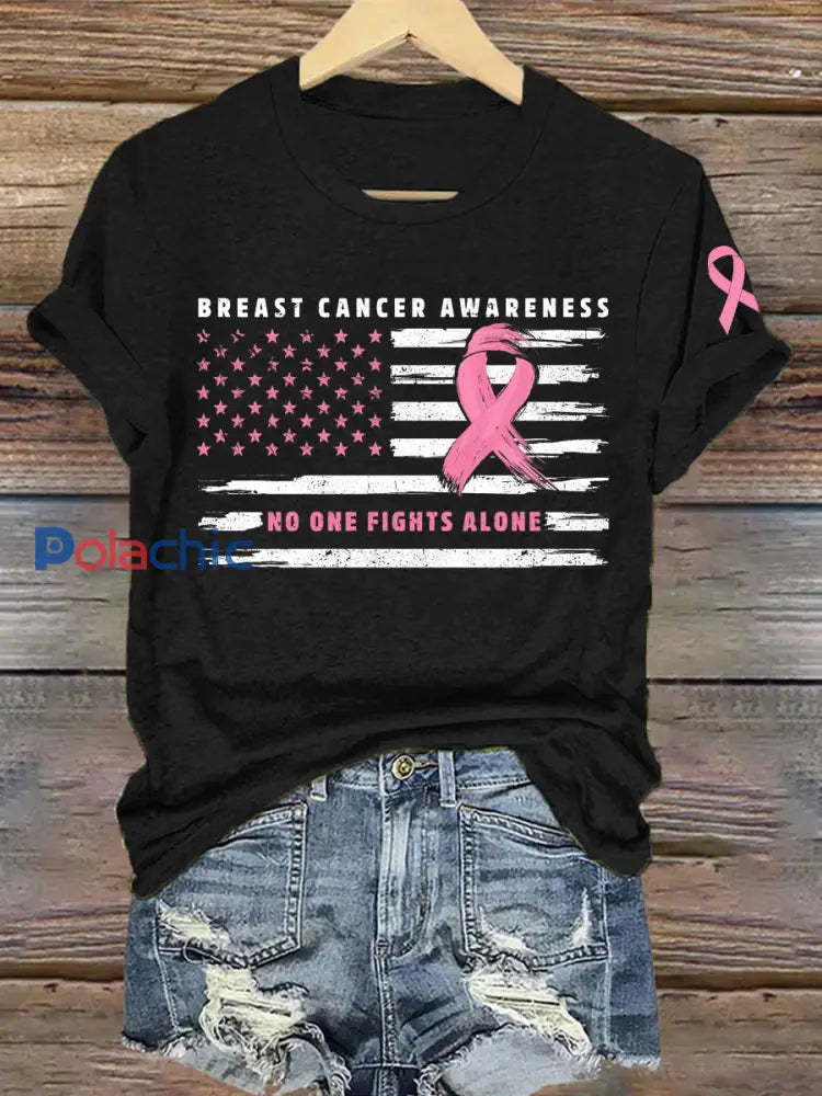Sensibilisation au cancer du sein des femmes No One Fights Alone T-shirt imprimé Noir / S