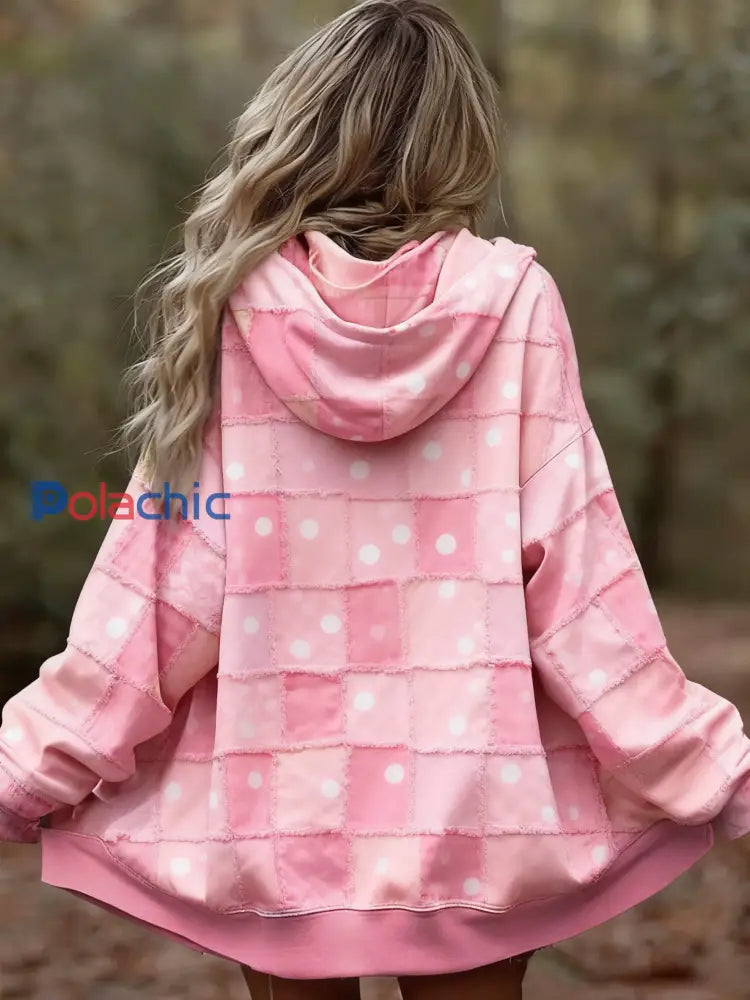 Sensibilisation au cancer du sein des femmes Plaid Polka Dot Gradient PatchworkPatchwork Cardigan Veste Rose / S
