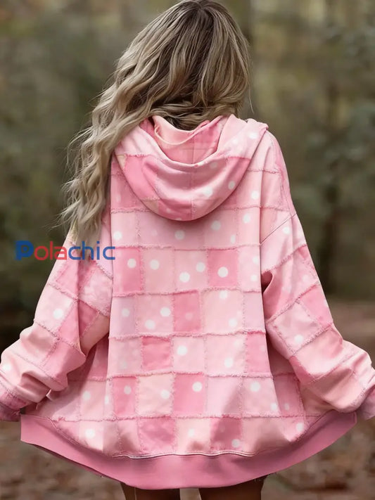 Sensibilisation au cancer du sein des femmes Plaid Polka Dot Gradient PatchworkPatchwork Cardigan Veste Rose / S