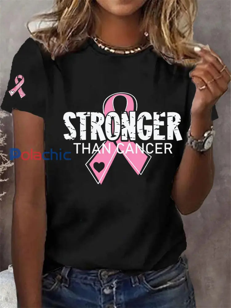 Sensibilisation au cancer du sein des femmes Plus fort que le cancer T-shirt imprimé noir / S