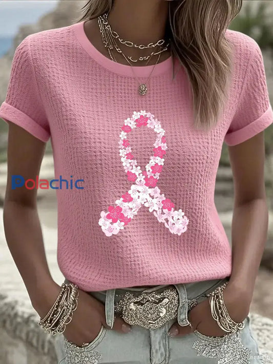 Sensibilisation au cancer du sein des femmes rose fleur de cerisier ruban v Neck T shirt Rose / S