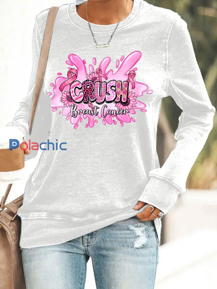 Sensibilisation au cancer du sein des femmes rose ruban imprimé Sweat shirt décontracté Blanc / S
