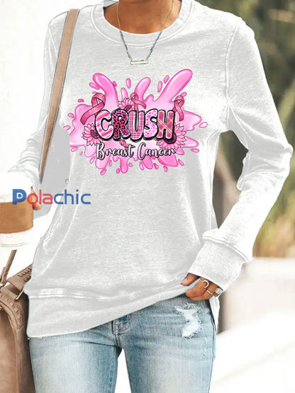 Sensibilisation au cancer du sein des femmes rose ruban imprimé Sweat shirt décontracté Blanc / S