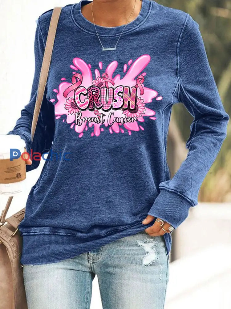Sensibilisation au cancer du sein des femmes rose ruban imprimé Sweat shirt décontracté Bleu / S