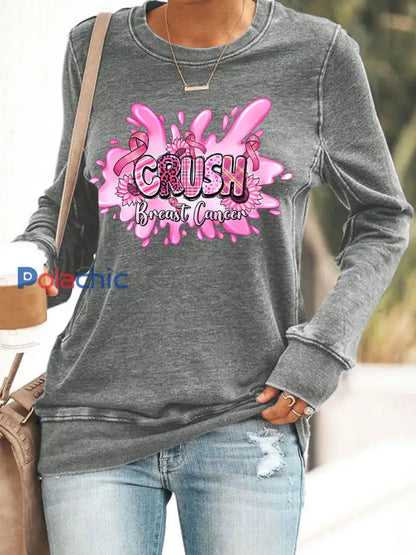 Sensibilisation au cancer du sein des femmes rose ruban imprimé Sweat shirt décontracté Gris / S