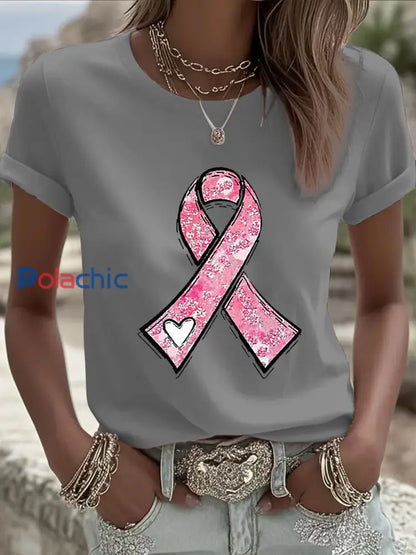 Sensibilisation au cancer du sein des femmes rose ruban imprimé Sweat shirt décontracté Gris / S