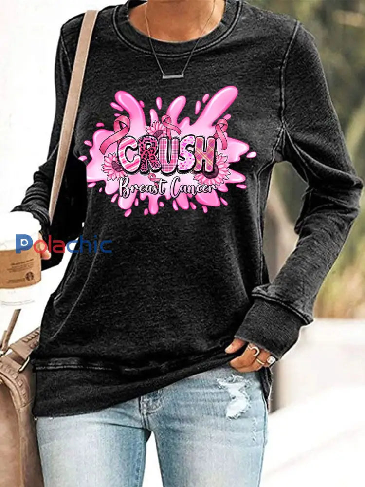 Sensibilisation au cancer du sein des femmes rose ruban imprimé Sweat shirt décontracté Noir / S