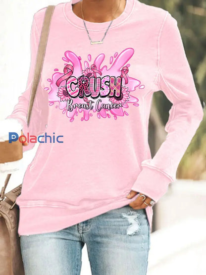 Sensibilisation au cancer du sein des femmes rose ruban imprimé Sweat shirt décontracté Rose / S