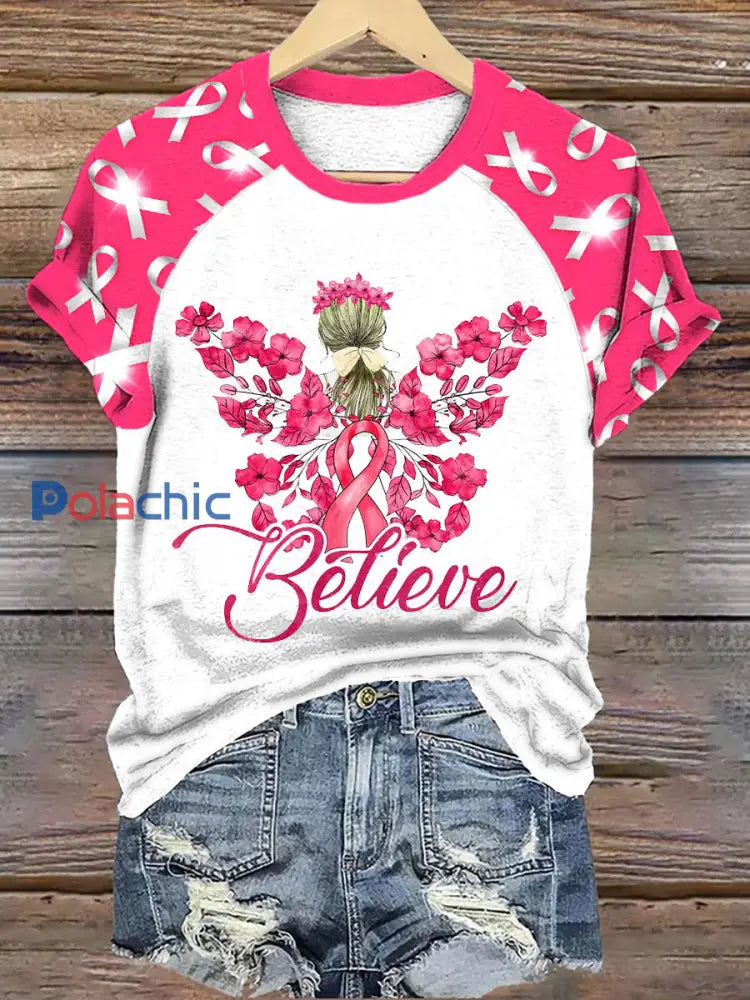 Sensibilisation au cancer du sein des femmes ruban rose Floral Believe T-shirt Rose / S