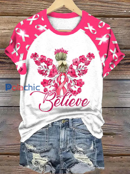 Sensibilisation au cancer du sein des femmes ruban rose Floral Believe T-shirt Rose / S