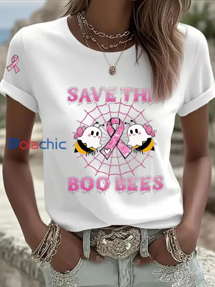 Sensibilisation au cancer du sein des femmes Save The Boo Bees Imprimer T shirt décontracté Blanc / S