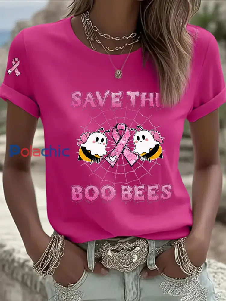 Sensibilisation au cancer du sein des femmes Save The Boo Bees Imprimer T shirt décontracté Rose Rouge / S