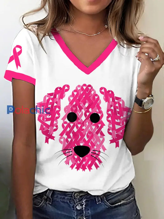 Sensibilisation au cancer du sein des femmes T-shirt imprimé chien ruban rose Blanc / S