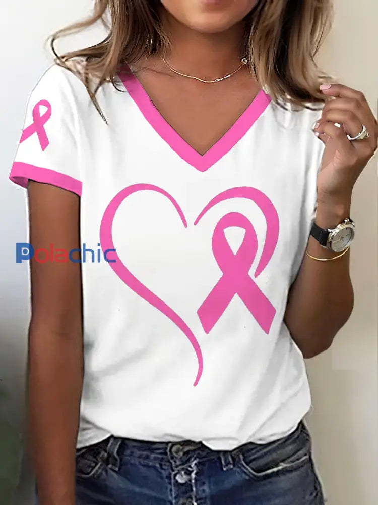 Sensibilisation au cancer du sein des femmes T-shirt imprimé ruban de coeur Rose Clair / S