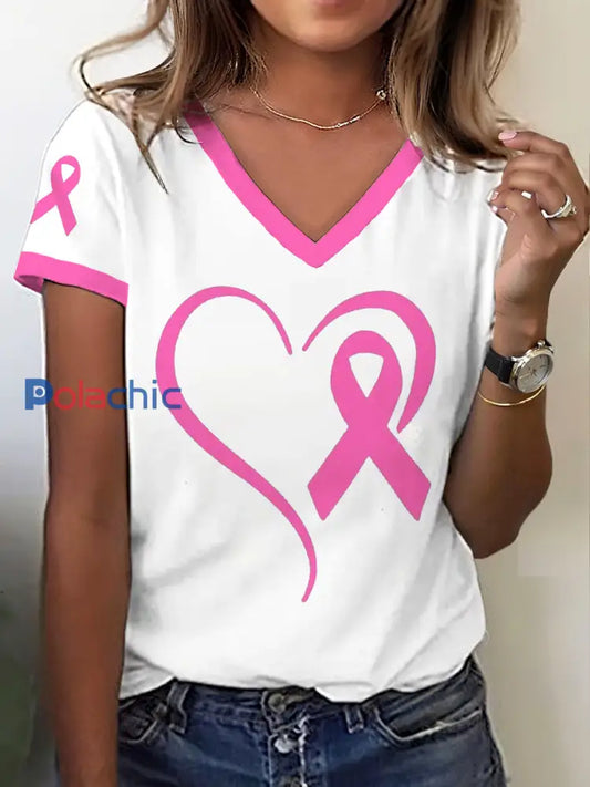 Sensibilisation au cancer du sein des femmes T-shirt imprimé ruban de coeur Rose Clair / S