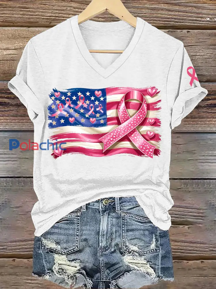 Sensibilisation au cancer du sein des femmes T-shirt imprimé ruban rose drapeau américain Blanc / S