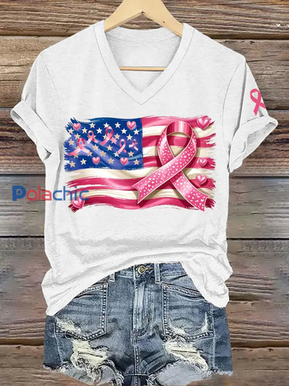 Sensibilisation au cancer du sein des femmes T-shirt imprimé ruban rose drapeau américain Blanc / S