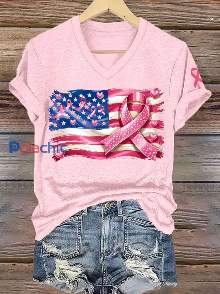 Sensibilisation au cancer du sein des femmes T-shirt imprimé ruban rose drapeau américain Rose Clair / S