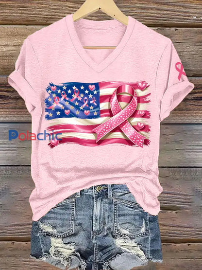 Sensibilisation au cancer du sein des femmes T-shirt imprimé ruban rose drapeau américain Rose Clair / S