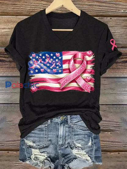 Sensibilisation au cancer du sein des femmes T-shirt imprimé ruban rose drapeau américain Noir / S