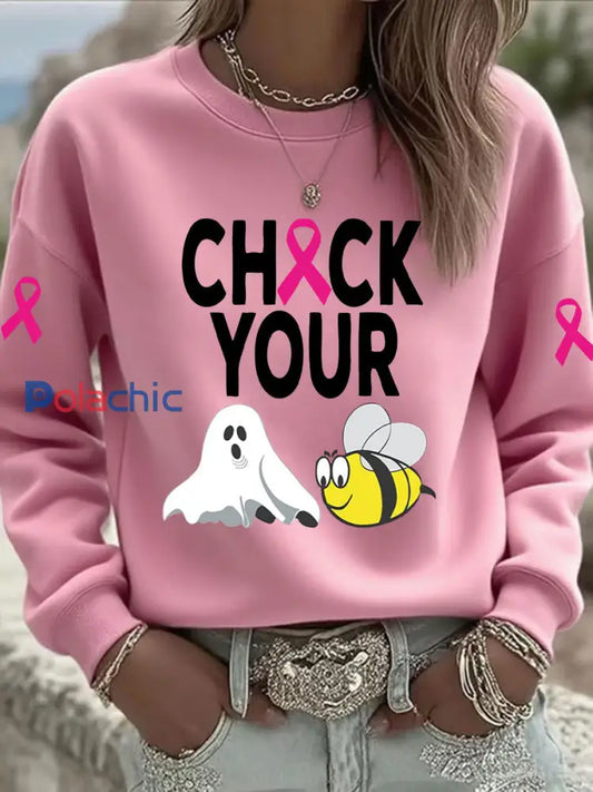 Sensibilisation au cancer du sein des femmes Vérifiez votre Boo Bees Imprimé Sweat shirt décontracté Rose / S