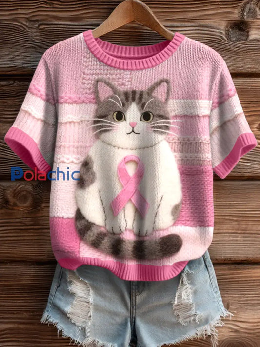 Sensibilisation au cancer du sein inspiré chat feutre Art tricot Top des femmes comme image / S