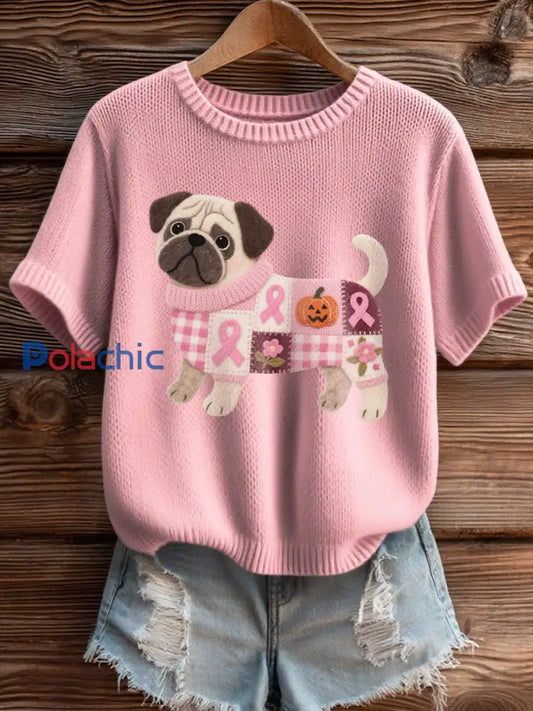 Sensibilisation au cancer du sein inspiré des femmes Pug Pattern Felt Art haut en tricot confortable Rose / S