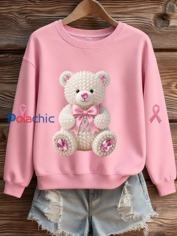 Sensibilisation au cancer du sein Pearl Bear ruban imprimé tricot ras du cou manches longues Sweatshirt femmes Rose / S