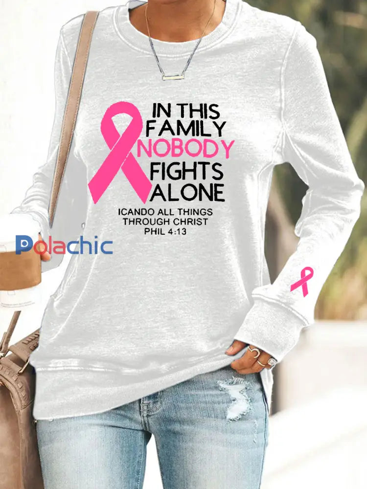 Sensibilisation au cancer du sein pour femmes ’Dans cette famille personne ne se bat seul’ Sweatshirt imprimé Blanc / S