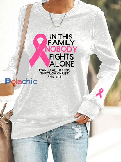 Sensibilisation au cancer du sein pour femmes ’Dans cette famille personne ne se bat seul’ Sweatshirt imprimé Blanc / S