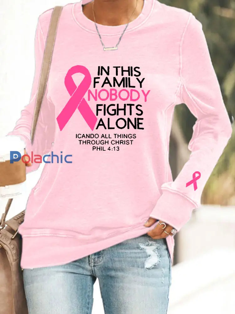 Sensibilisation au cancer du sein pour femmes ’Dans cette famille personne ne se bat seul’ Sweatshirt imprimé Rose / S
