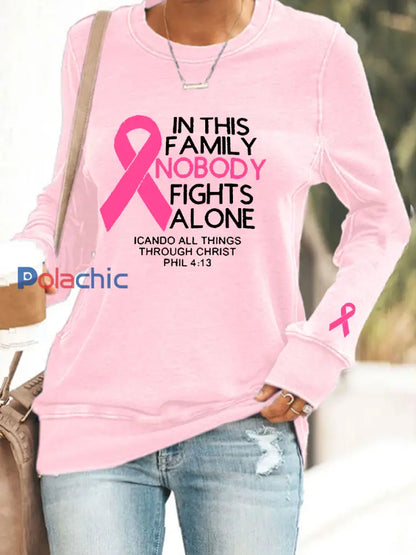 Sensibilisation au cancer du sein pour femmes ’Dans cette famille personne ne se bat seul’ Sweatshirt imprimé Rose / S