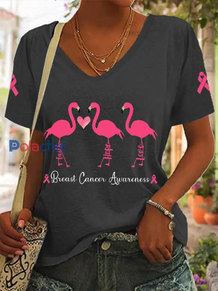 Sensibilisation au cancer du sein pour femmes Faith Hope Love Flamingo T-Shirt Gris foncé / S