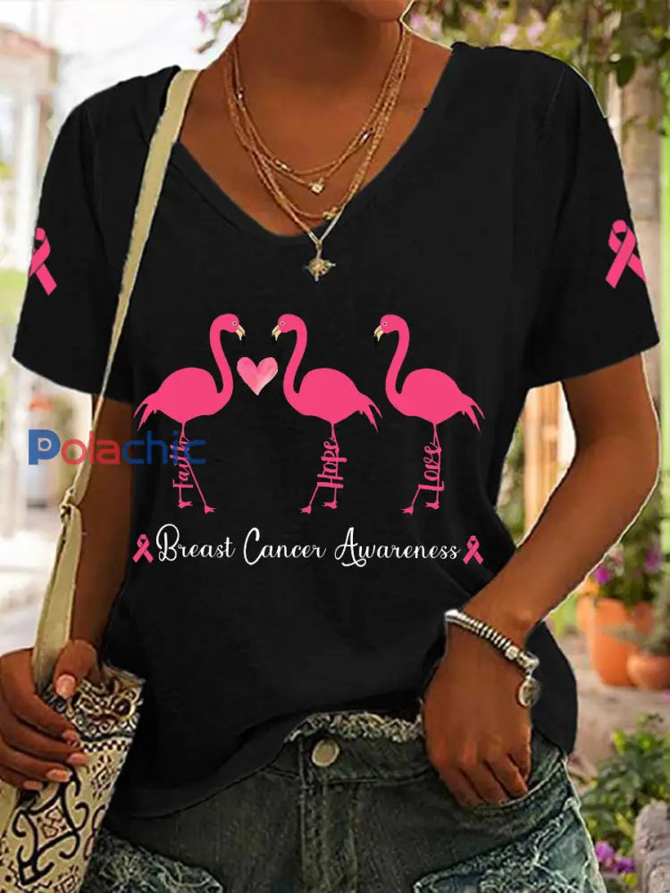 Sensibilisation au cancer du sein pour femmes Faith Hope Love Flamingo T-Shirt Noir / S