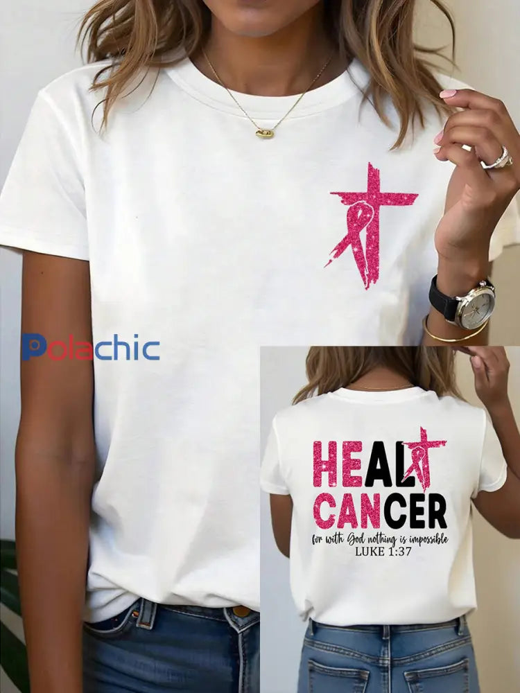 Sensibilisation au cancer du sein pour femmes guérir le cancer Inspirational Luke 1:37 T-shirt Blanc / S