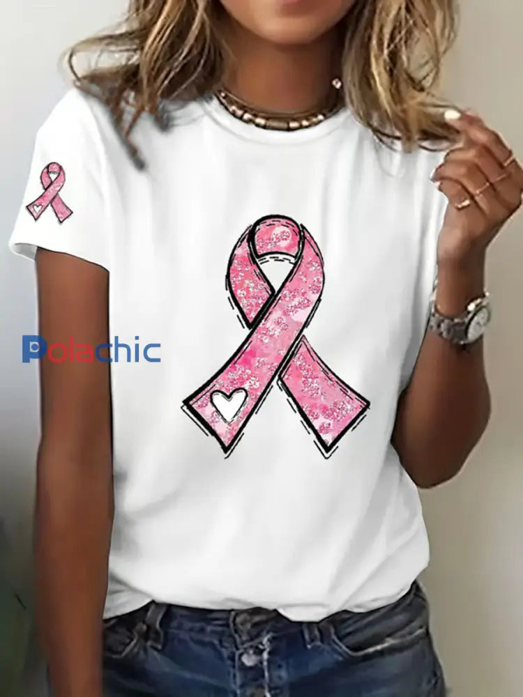 Sensibilisation au cancer du sein pour femmes T-shirt décontracté imprimé ruban rose Blanc / S