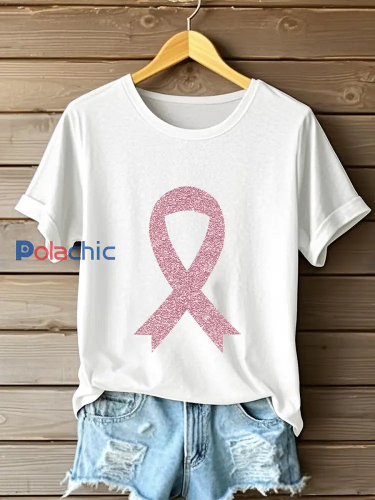 Sensibilisation au cancer du sein pour femmes T-shirt décontracté imprimé ruban rose blanc / S