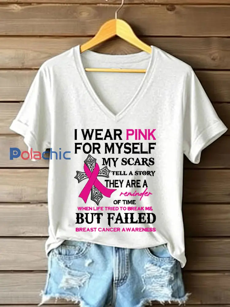 Sensibilisation au cancer du sein pour femmes T-shirt décontracté imprimé ruban rose blanc / S