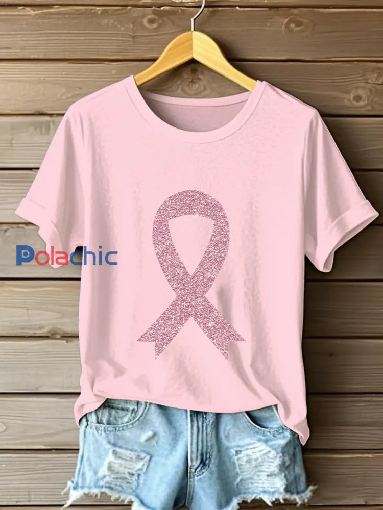 Sensibilisation au cancer du sein pour femmes T-shirt décontracté imprimé ruban rose rose clair / S
