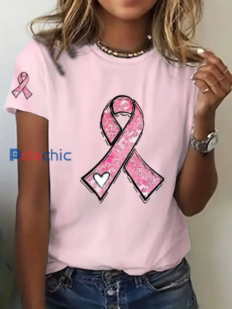 Sensibilisation au cancer du sein pour femmes T-shirt décontracté imprimé ruban rose Rose Clair / S