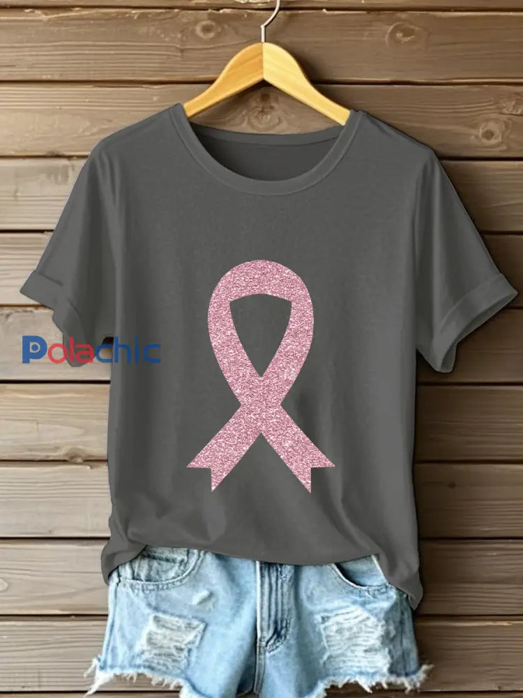 Sensibilisation au cancer du sein pour femmes T-shirt décontracté imprimé ruban rose gris foncé / S