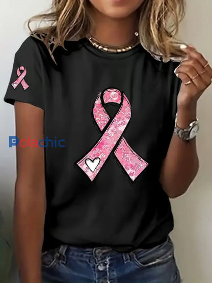 Sensibilisation au cancer du sein pour femmes T-shirt décontracté imprimé ruban rose Noir / S